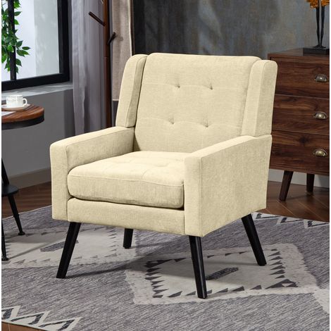Sillón de tela beige con reposabrazos y patas de madera maciza, 68 x 76 x 88 cm DESVIAE (1/5)