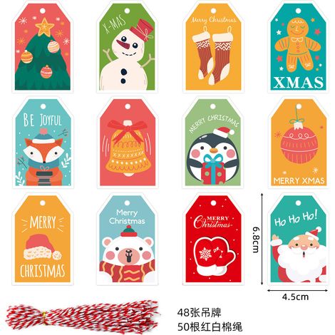 Étiquettes de Noël kraft 48 pièces + ficelle rouge et blanc 50 m (1/2)
