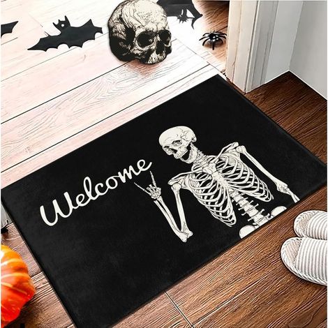 Tapis de porte humoristique motif crâne d'Halloween, tapis de bienvenue pour salon, cuisine, décoration intérieure et extérieure pour Halloween, 50 x 80 cm (1/5)