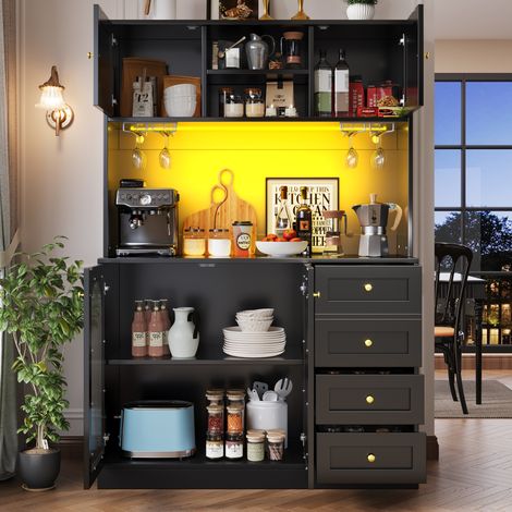Credenza da cucina 120x40x188 cm nera con LED, 4 ante e portabicchieri (1/5)