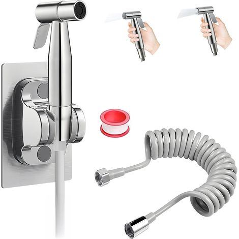 Kit Douchette WC, Acier Inoxydable Douchette Toilette, Fixation Murale Kit de Raccordement Bidet, avec Tuyau Télescopique en PE de 3 Mètres, pour Cuisine, Salle de Bain, Hôtel (1/5)