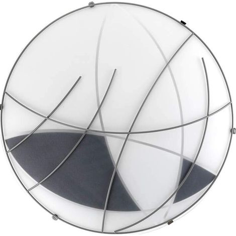 Plafonnier rond 40cm en verre satiné blanc et noir avec formes géométriques. Détail décoratif frontal en métal gris (1/3)