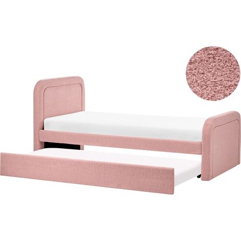 Letto singolo con secondo letto a scomparsa in tessuto Boucle 90 x 200 cm con rete a doghe rivestimento trapuntato rosa Rayssac (1/5)