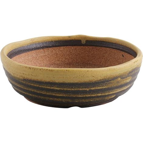 Ceramic Enamelled Striped Bonsai Pot with Drainage Hole, Handmade Planter Bowl for Japanese Plants and Flowers, Yellow Sand 21cm Shigaraki Series (1/5)