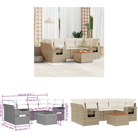 7-tlg. Garten-Sofagarnitur mit Kissen Beige Poly Rattan - Gartenmöbel Set - PE-Rattan Möbel - Outdoor Lounge - Esszimmergarnitur - Balkonmöbel - Home & Living (1/3)