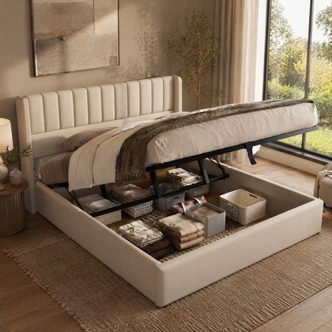 cama matrimonio con almacenaje abatible tapizada lino DESVIAE (1/5)