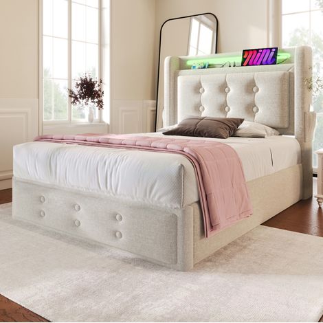 Bett 90x200 cm gepolstert in Beige mit Kopfteil, USB & Steckdosen, LED, Stauraum mit Gasdruckfeder und Matratze (1/5)
