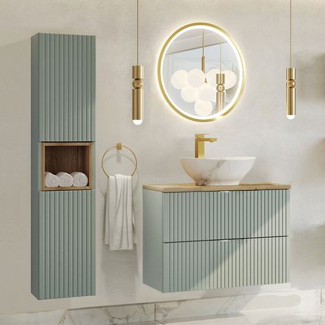 Conjunto mueble lavabo individual 80cm 2 cajones espejo LED y columna Jade Verde y Madera (1/4)