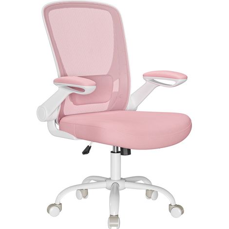 Chaise Bureau Ergonomique en Toile, Fauteuil, Support Lombaire Rembourré, Mécanisme à Bascule, Assise Large de 53 cm, Accoudoirs Rabattables, Rose Bonbon (1/5)