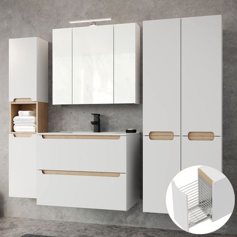 Badmöbel Set Hochglanz weiß mit Trüffel-Buche SOFIA-107 80cm Keramik-Waschtisch & LED Spiegelschrank, B/H/T ca. 210/200/46 cm (1/5)