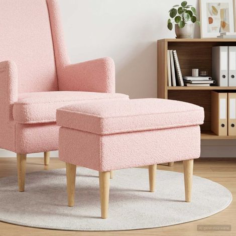 Pouf repose-pieds rose en tissu bouclé, bois massif, 55 x 35 x 41 cm - PANGIVO (1/5)