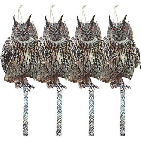 Épouvantail à oiseaux avec bande répulsive anti-pigeons, chat et oiseaux d'extérieur, protège les balcons, terrasses et fenêtres des corbeaux et pigeons (lot de 4 hiboux). (1/5)