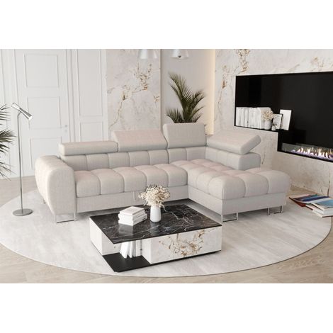 Ecksofa Schlafsofa BASTIEN in Stoff Gemma Hellgrau Ottomane Rechts