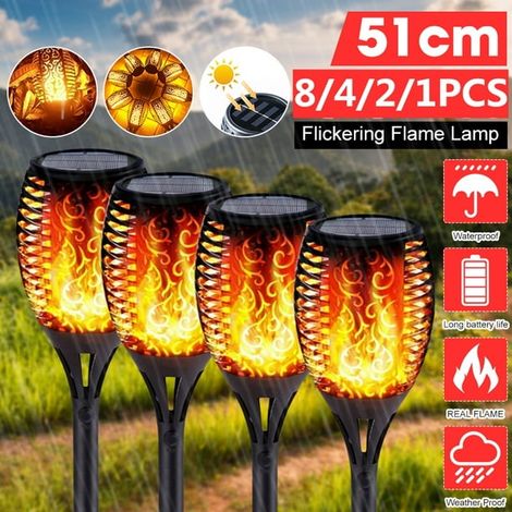 Lot de 8/4/2/1 Torches Solaires Extérieures 12LED Flamme Dansante, Lampes de Jardin Décoratives pour Cour, Patio, Allée, Chemin, Éclairage Nocturne (1/5)