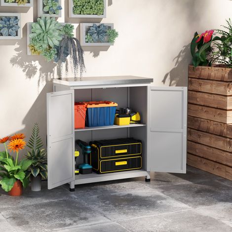 Armoire de jardin en bois gris avec plan de travail, double porte et étagère DESVIAE (1/5)
