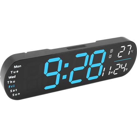 Horloge murale numérique bleue avec télécommande, grand écran LED, 8 couleurs de lumière ajustables, réveil électronique pour salon et chambre (1/5)