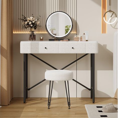 Coiffeuse en panneau de particules, métal et tissu blanc avec miroir LED, 2 tiroirs et tabouret (1/5)