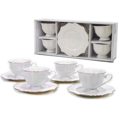 TRADE SHOP - Servizio Te' 4 Piattini + 4 Tazze 16 Cl Modello Lyanna Fine Porcellana Bianca -