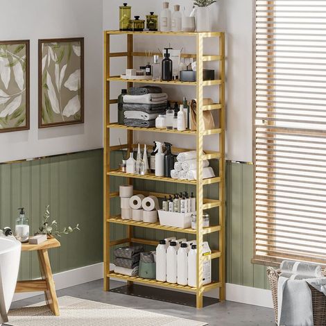 Unho – Étagère de salle de bain en bambou 6 niveaux – Étagères réglables – Design naturel – Capacité de charge 18 kg par étagère – Dimensions 60x26x161 cm (1/5)