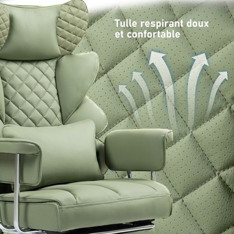 Chaise de bureau avec repose-pieds, ergonomique, rotation 360°, dossier réglable 90°-135°, accoudoirs souples, vert