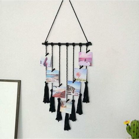 Hanging Photo Display, Handmade Macrame Tassel Hanging Pictures Organizer Boho Home Decor, DIY with 25 Wood Clips (Black) (1/5)
