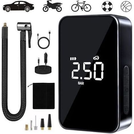 Compresseur à Air Portatif, 6000mAh Mini Gonfleur Electrique, 150PSI Pompe Vélo Electrique, Compresseur avec Affichage Numérique Lumière LED et Port C USB pour Pneus de Moto, Voiture, Vélo, etcdengyan (1/5)