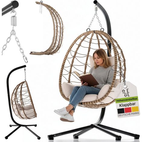 Juskys Hängesessel Aria mit Kissen - höhenverstellbar & faltbar - Polyrattan Hängeschaukel Outdoor & Indoor - Korbhängesessel bis 130kg Beige