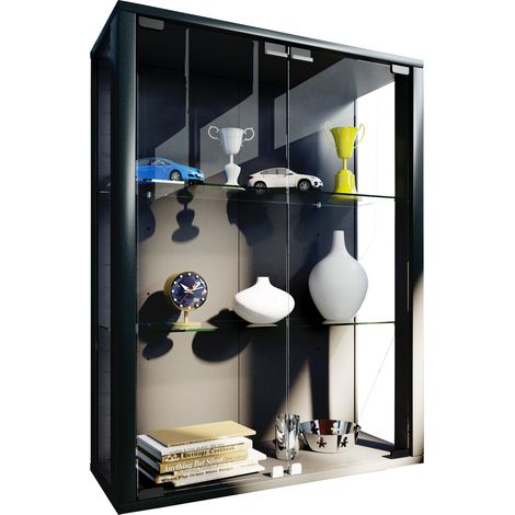 Udina Vitrinenschrank Wandmontage 2 Glastüren mit LED-Licht 2 Glasböden. schwarz.