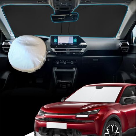 Pare-soleil pour pare-brise compatible avec C4 E-C4 2022-2025 2026, pare-soleil pliable avec housse de volant, parasol pare-brise en fibre de refroidissement par glace pour protection (1/5)