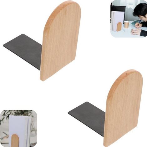 Serre-livres en bois de hêtre lot de 2 - supports antidérapants 13 x 8 cm, bruns (1/5)