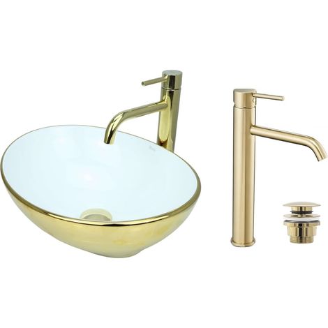 GTM Design Aufsatzwaschbecken 41 cm Glanz Set mit Waschtischbatterie und Stopfen - Aufsatzwaschbecken Oval für Badezimmer - Modern Waschbecken ohne Hahnloch - Waschbecken mit Armature (1/5)