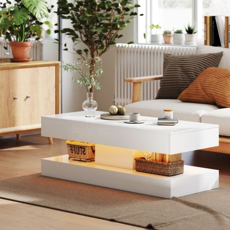 Table basse blanche moderne avec tiroirs et éclairage LED incorporé et étagère ouverte en panneaux de particules (1/5)