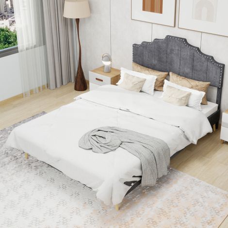 Cama adulto de 160x200 cm con cabecero de diseño geométrico y base de láminas, sin colchón, de tela, gris (1/5)