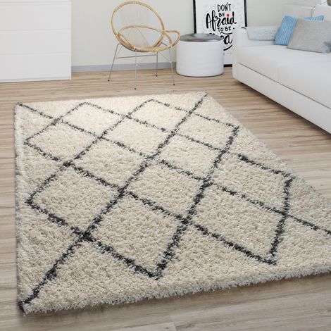 Paco Home Hochflor Teppich Wohnzimmer Shaggy Langflor Modernes Boho Skandi Rauten Muster 120 cm Rund, Creme 2