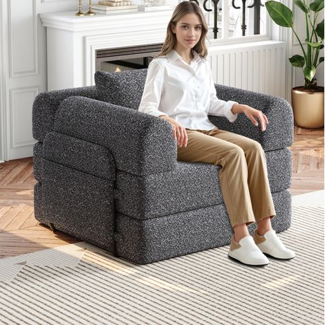 Divano letto 1 posto in ciniglia grigio con vano contenitore nel bracciolo HAVRYA (1/5)