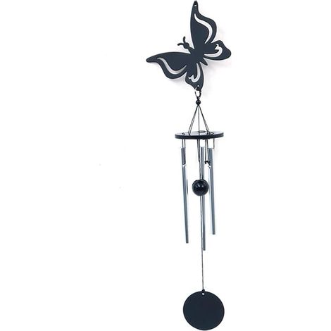 Carillon éolien en fer et métal, orné d'un papillon, à suspendre au jardin. Horloge délicate pour jardin, terrasse, balcon et maison. Finition mate. Décoration pour jardin, terrasse et maison.