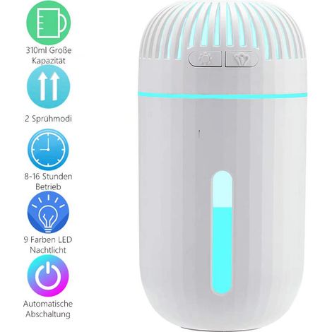 MINKUROW Mini Umidificatore Ad Ultrasuoni, Diffusore Di Aromi Umidificatore Usb Da 310 Ml Con Luce Notturna Led A 9 Colori, Spegnimento Automatico Umidificatore Per Ambienti Silenzioso Per Camera Da L (1/5)