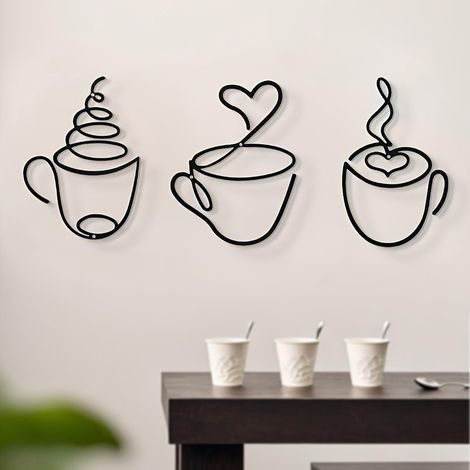 3 Pièces Décoration Murale Métal, Noir Tasse à Café Tableau Decoration Murale, Minimalist Ligne Art Mural Déco pour Salon Cuisine Salle de Bain Chambre à Coucher Salle à Manger (1/5)