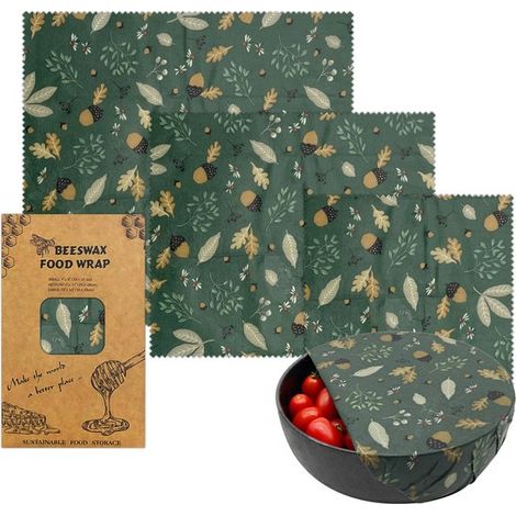Set di 3 involucri in cera d'api con motivo a foglie autunnali e ghiande, disponibili in tre misure: piccola, media e grande confezione riutilizzabile e senza plastica. (1/2)