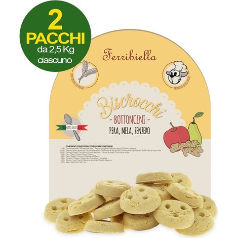 Biscrocchi Bottoncini Biscuits à la poire, à la pomme et au gingembre pour chiens 2 paquets de 2,5 kg chacun (1/3)