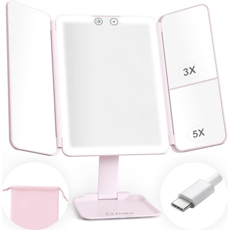 hajer Miroir Maquillage Lumineux à LED + Pochette de Transport, Grossissant 1X/3X/5X, 3 Modes éclairage, Tactile et Rechargeable USB-C avec Batterie en Lithium. Miroir de Voyage. (Rose) (1/5)