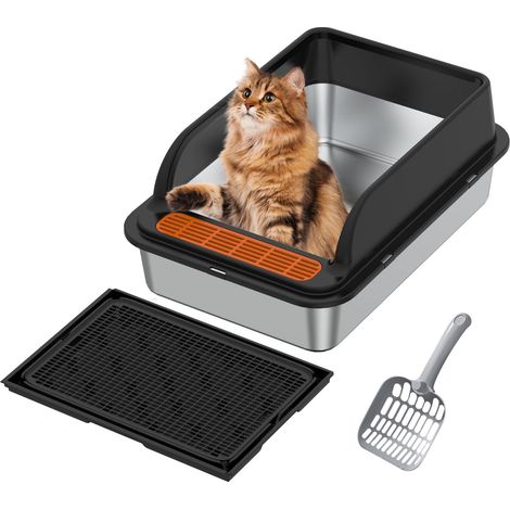 Lettiera per gatti in acciaio inossidabile, lettiera XL per gatti, lettiera in metallo antiodore da 17,5 l con coperchio rimovibile, lati alti anti-schizzi, design facile da pulire per gatti di grandi