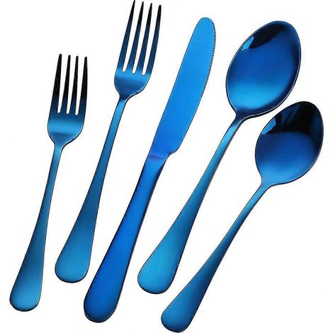 Ensemble de couverts bleus et argentés, 5 pièces, comprenant fourchette, couteau et cuillère, finition miroir, compatible lave-vaisselle. (1/5)