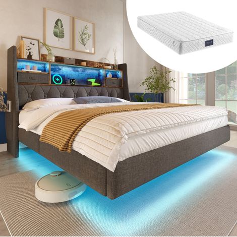 FLORAGRACE Lit coffre 160x200 cm en tissu gris, LED, tête de lit avec charge USB-C et USB (1/5)