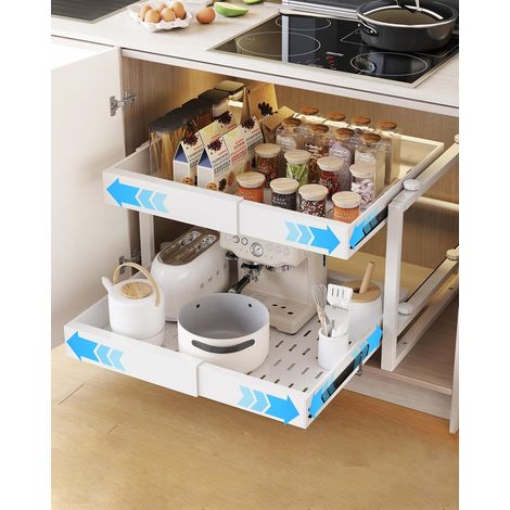 Tiroir Coulissant Cuisine avec 2 étages,organisateur d'armoire coulissante en acier au carbone,tiroirs coulissants extensibles,Blanc Blanc - (1/5)