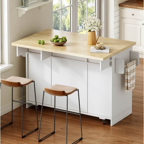 Isla de cocina 120x45x87 cm natural y blanco en MDF con encimera abatible y ruedas (1/5)
