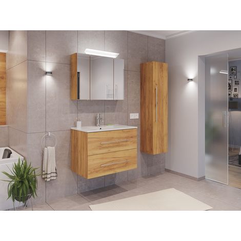 Badmöbel Set Firenze 80 3tlg. Spiegelschrank und Hochschrank eiche gold