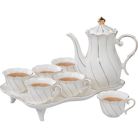 8-teiliges Teeservice mit 6 Stück, mit Teetablett, luxuriöses Tee-/Kaffeetassen-Set im britischen Stil mit Goldbesatz, ohne Löffel. (1/5)