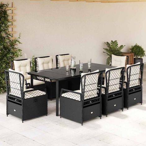 Ensemble repas jardin 9 pièces, 8 fauteuils inclinables en résine tressée noire, table 200 x 100 cm - PANGIVO (1/5)