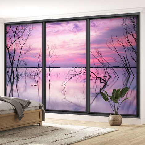 Papier peint panoramique Trompe l'oeil baie vitrée - Vue lac - 130 cm x 78 cm (1/5)